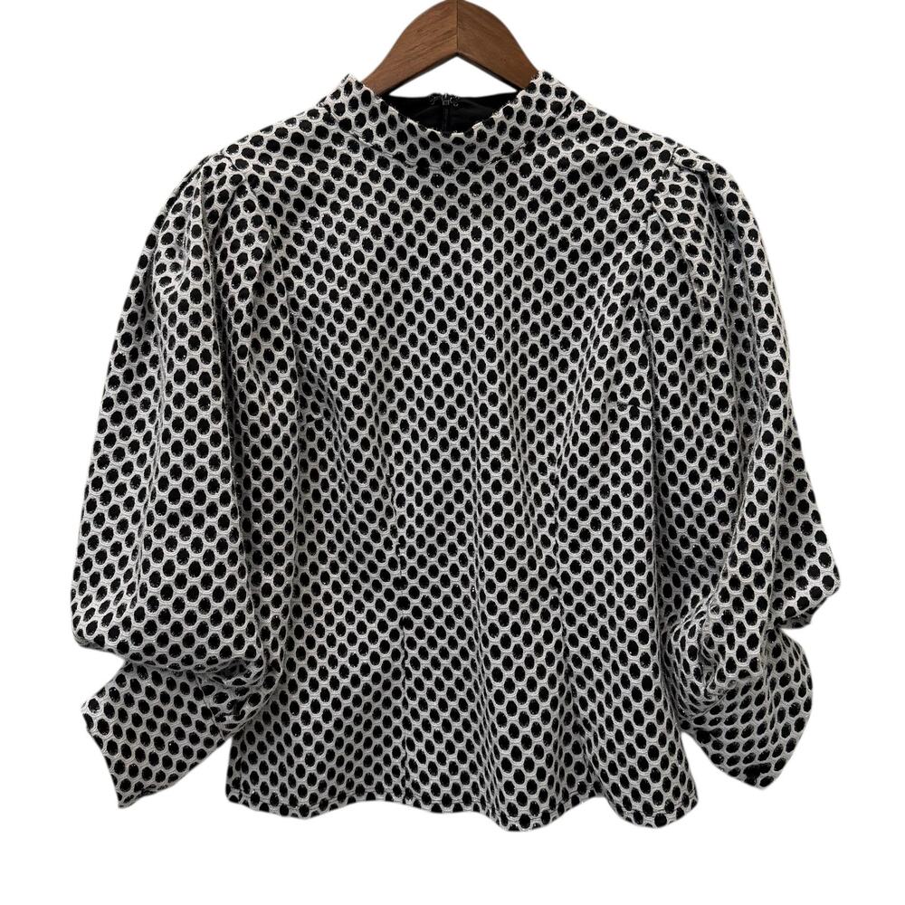 CQ By CQ Blouse Womens Medium Silver Glitter Polka Dot Mock Neck Balloon Sleeve